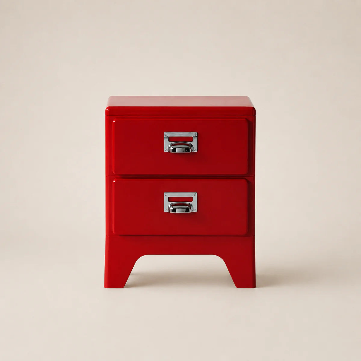 Red two-drawer nightstand with metal handles on a beige background