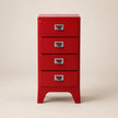 Red four-drawer cabinet with silver handles on a beige background