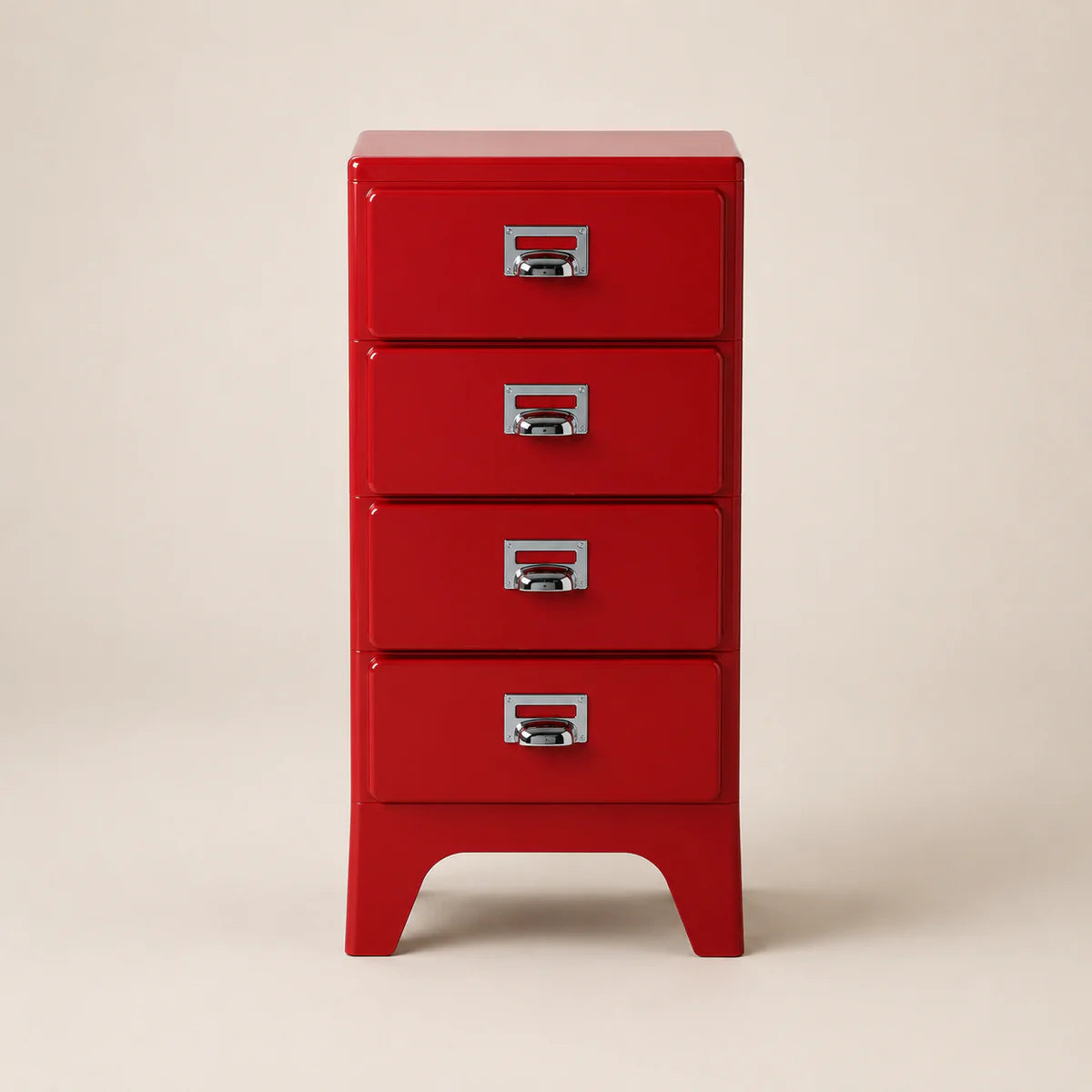 Red four-drawer cabinet with silver handles on a beige background