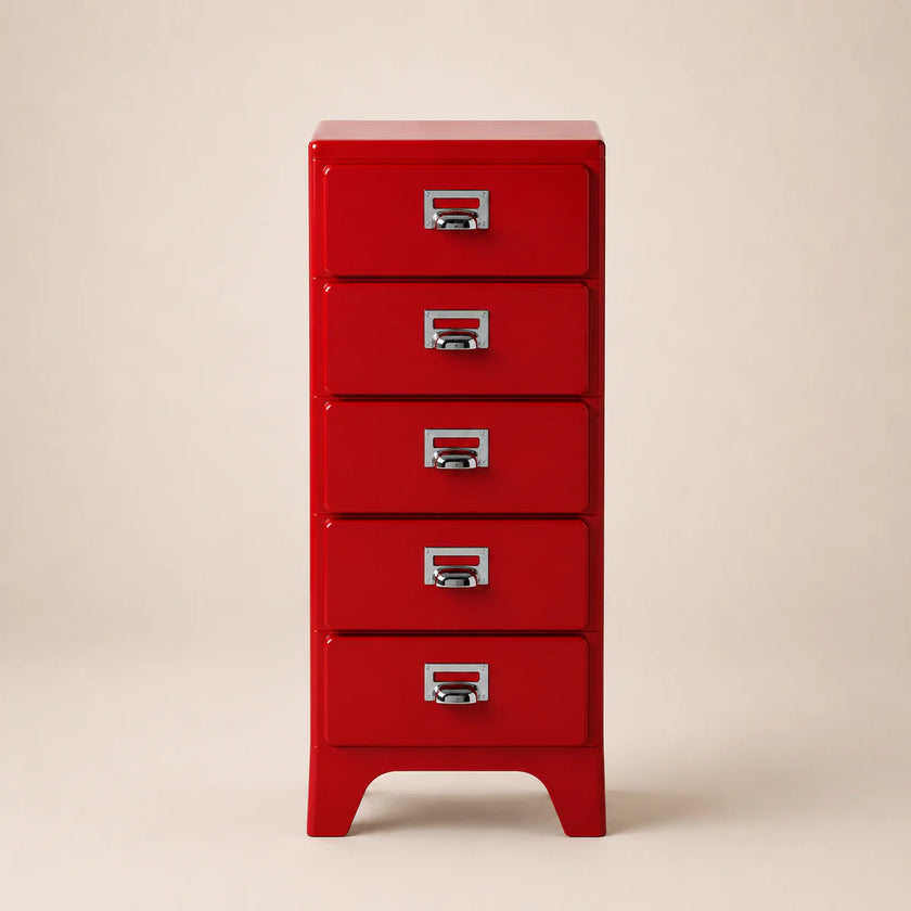 Red metal file cabinet with four drawers on a beige background