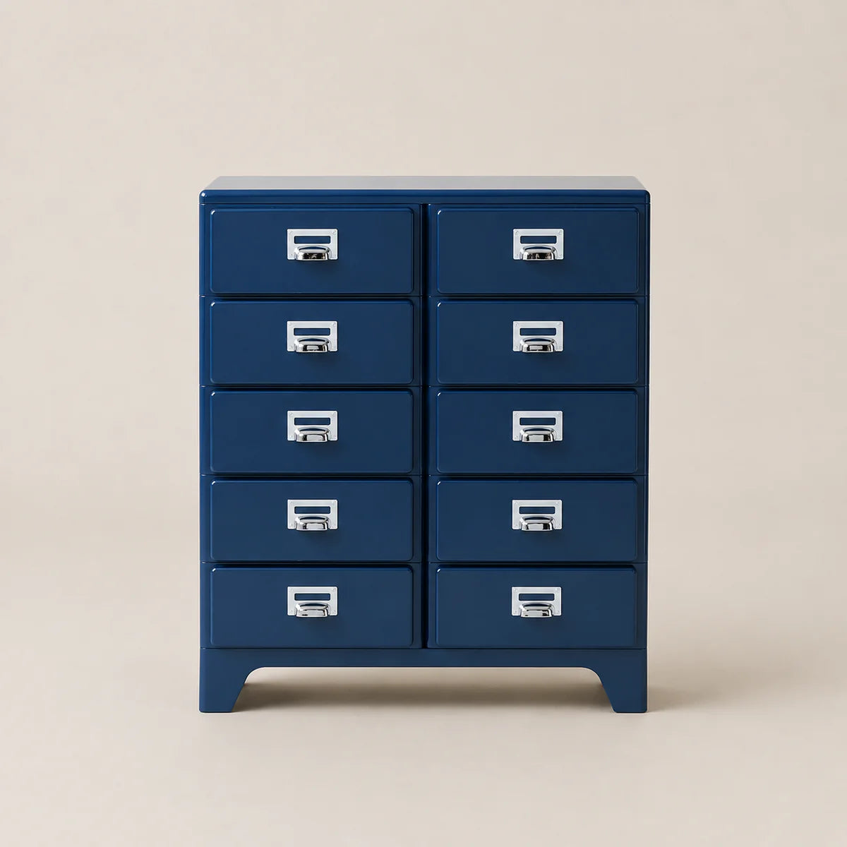 Blue metal cabinet with multiple drawers on a beige background