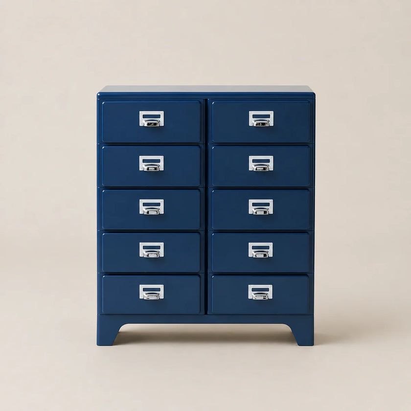 Blue metal cabinet with multiple drawers on a beige background
