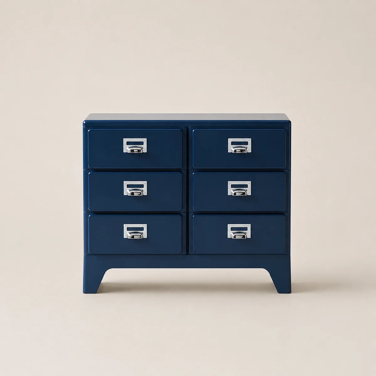 Blue dresser with six drawers on a beige background