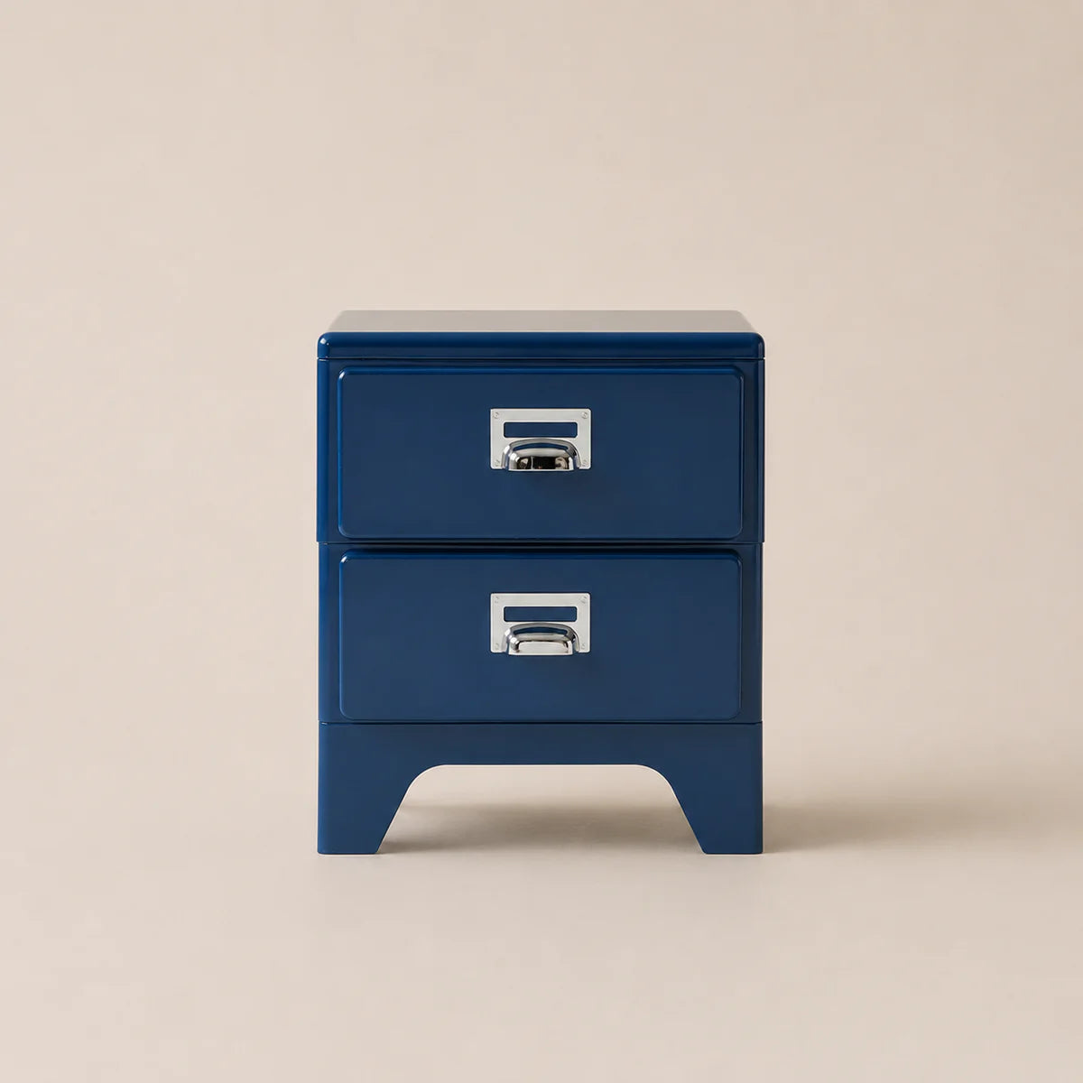 Blue two-drawer nightstand on a beige background