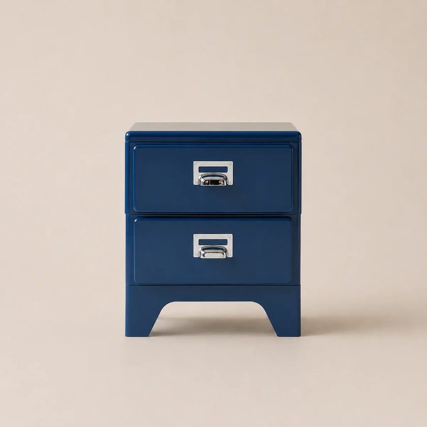 Blue two-drawer nightstand on a beige background