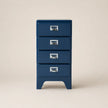 Blue four-drawer cabinet with silver handles on a beige background