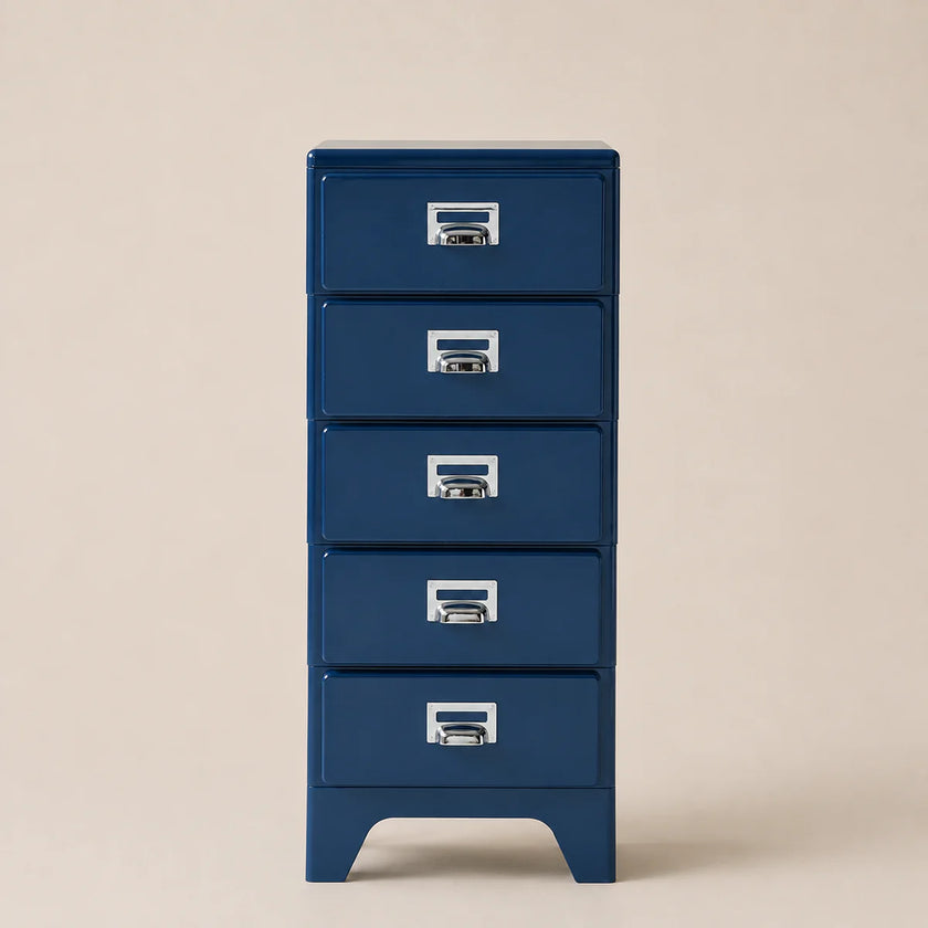 Blue metal file cabinet with four drawers on a beige background