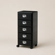 Black five-drawer filing cabinet on wheels with silver handles against a beige background