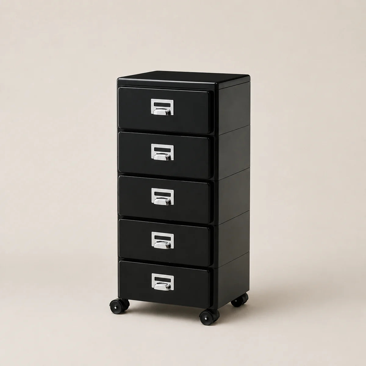 Black five-drawer filing cabinet on wheels with silver handles against a beige background