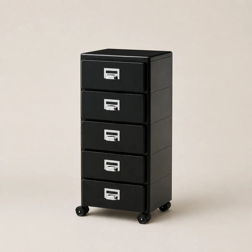 Black five-drawer filing cabinet on wheels with silver handles against a beige background