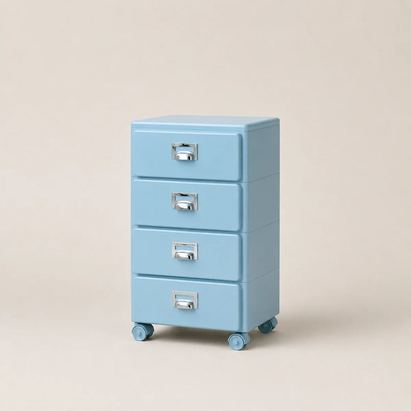 Light blue four-drawer filing cabinet on wheels with silver handles against a beige background