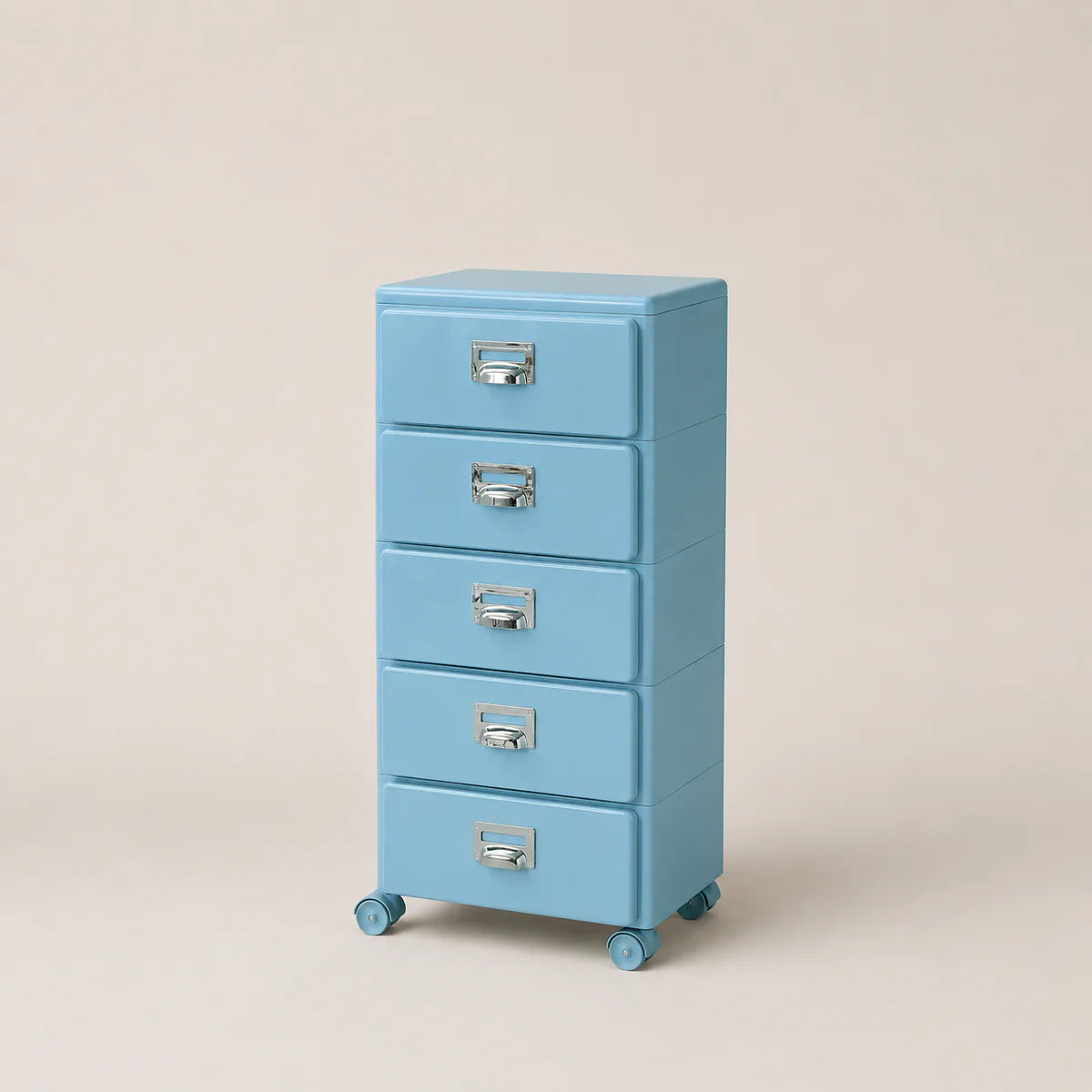 Blue five-drawer filing cabinet on wheels with silver handles against a beige background