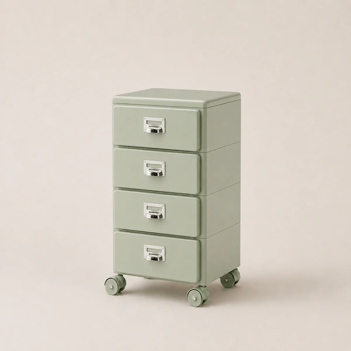Light green metal file cabinet with four drawers on wheels against a beige background