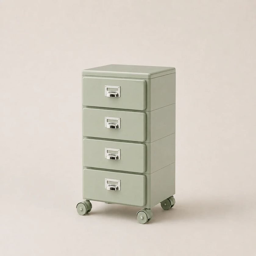Light green metal file cabinet with four drawers on wheels against a beige background