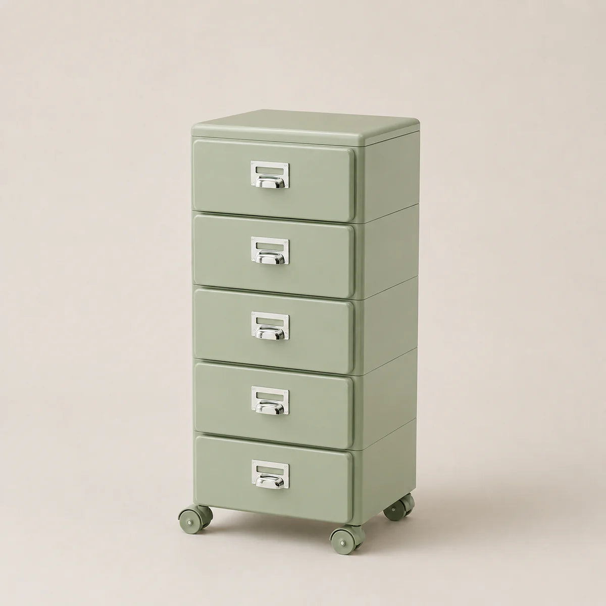 Green metal file cabinet with four drawers on wheels against a beige background