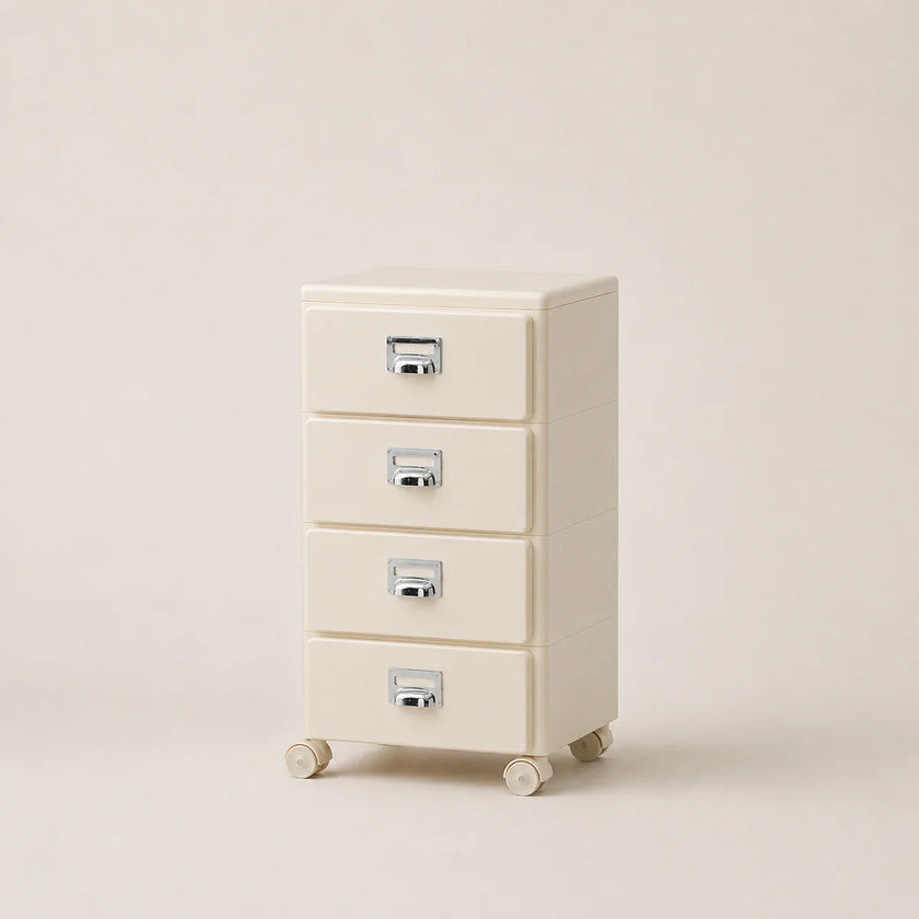 Cream-colored file cabinet with four drawers on a beige background