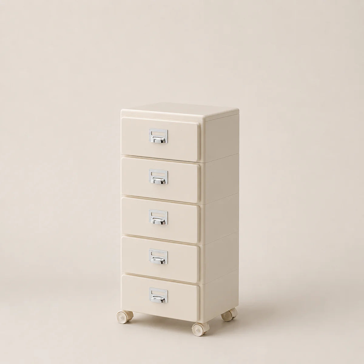 Beige five-drawer filing cabinet on wheels against a beige background