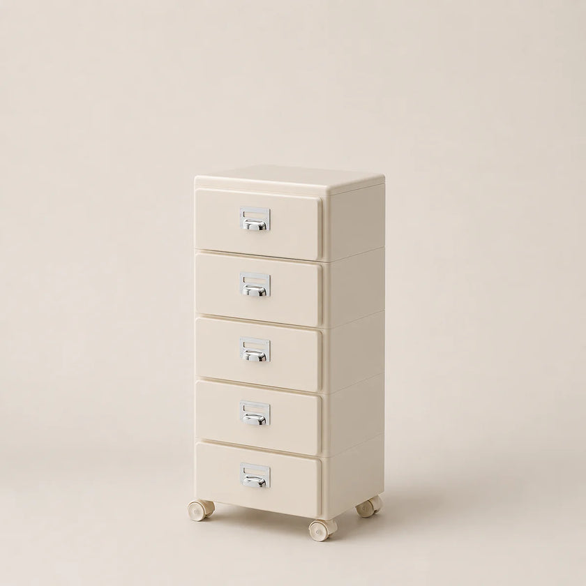 Beige five-drawer filing cabinet on wheels against a beige background