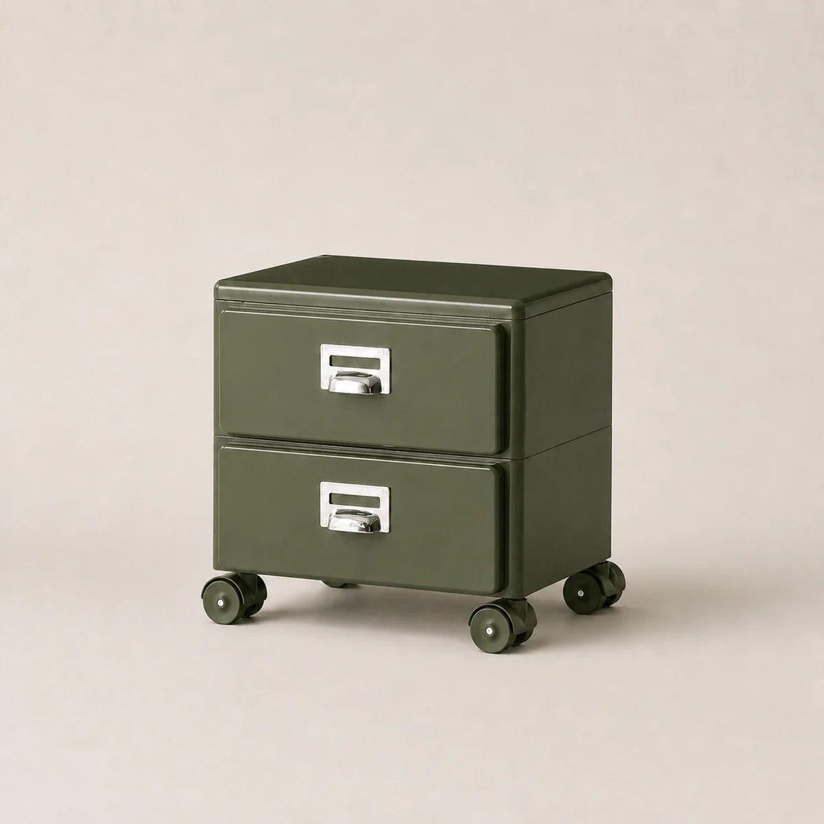 Green two-drawer filing cabinet on wheels with silver handles against a beige background