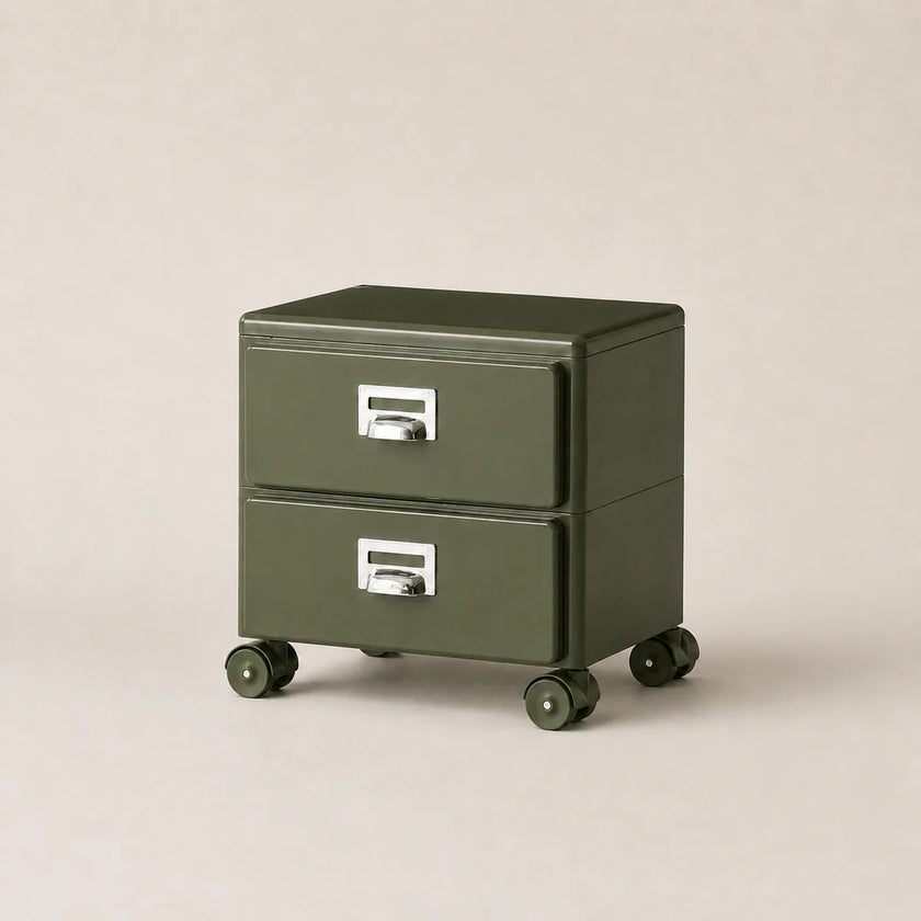 Green two-drawer filing cabinet on wheels with silver handles against a beige background