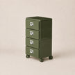 Green four-drawer filing cabinet on wheels against a beige background