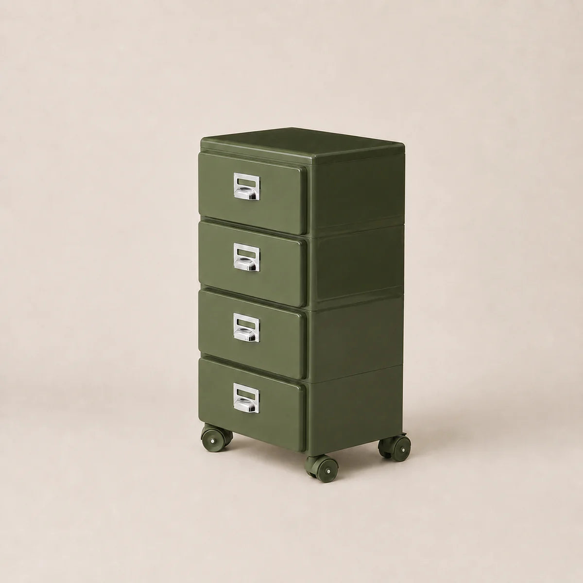 Green four-drawer filing cabinet on wheels against a beige background
