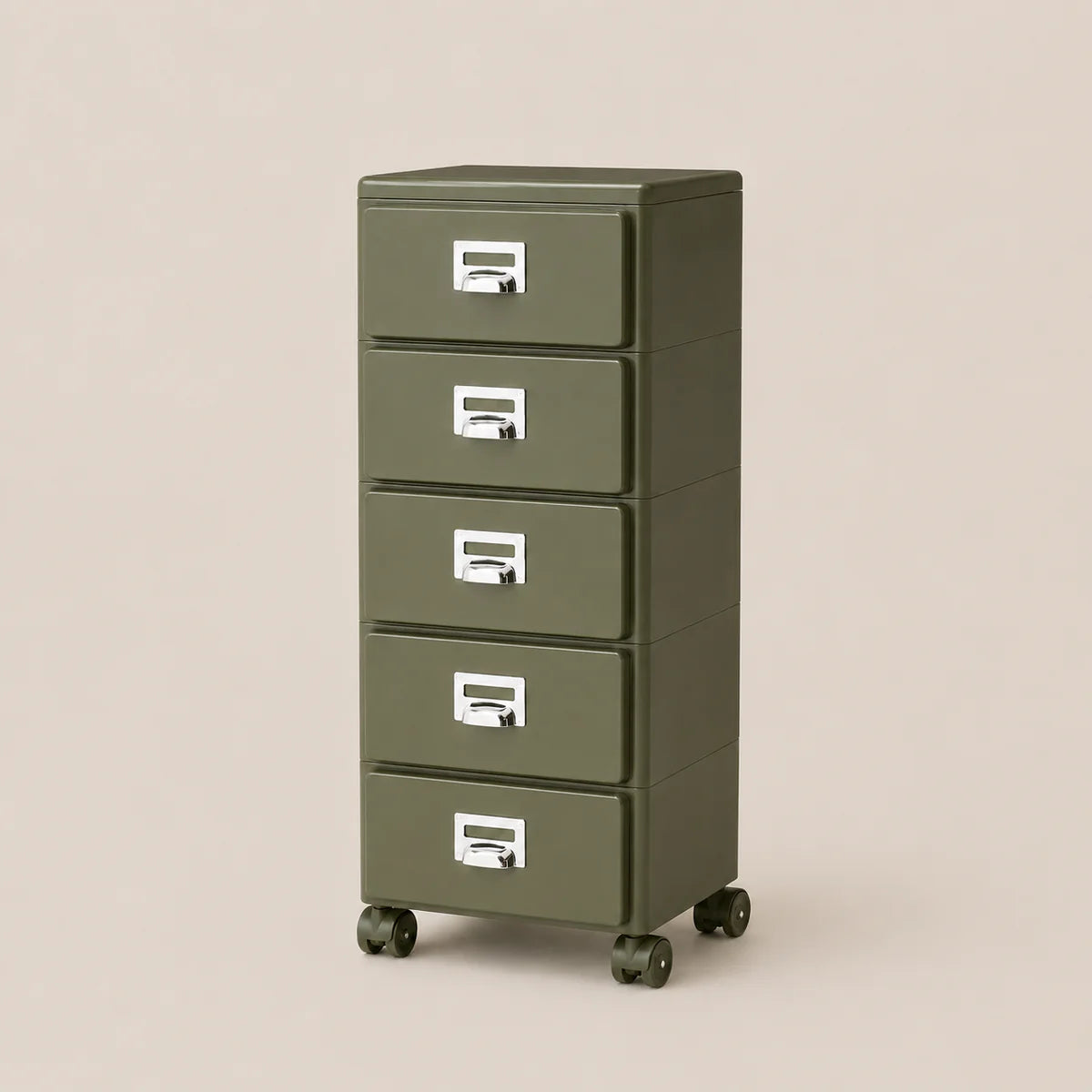 Green five-drawer filing cabinet on wheels with silver handles against a beige background