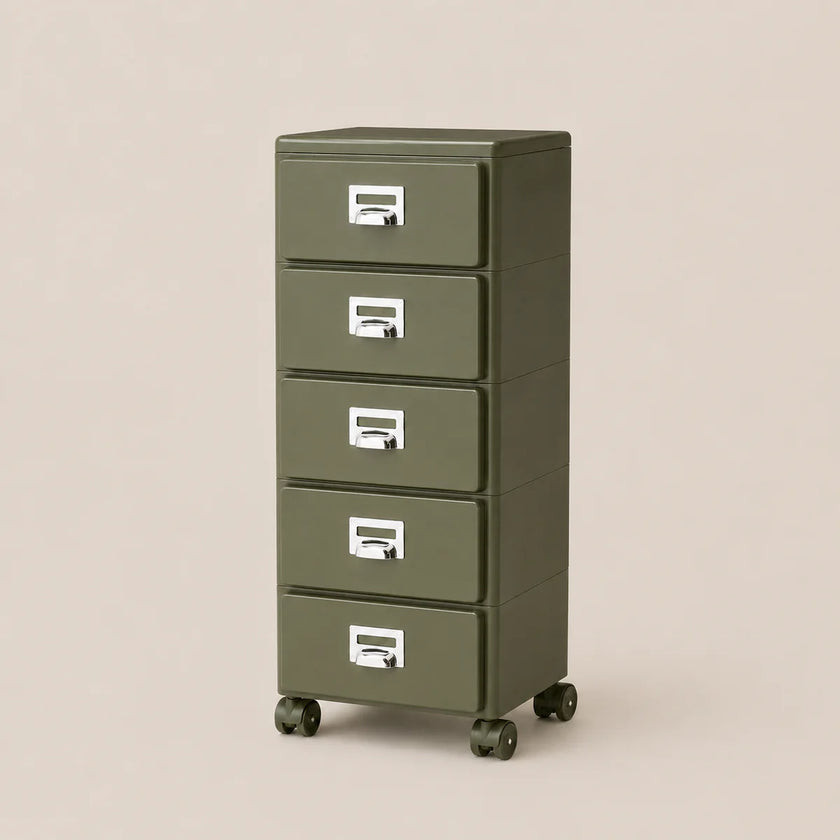 Green five-drawer filing cabinet on wheels with silver handles against a beige background