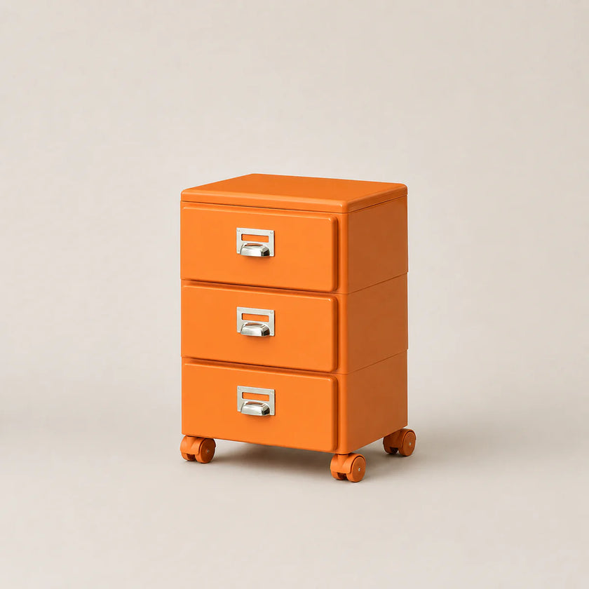 Orange three-drawer filing cabinet on wheels with silver handles against a beige background
