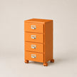 Orange file cabinet with four drawers on wheels against a beige background