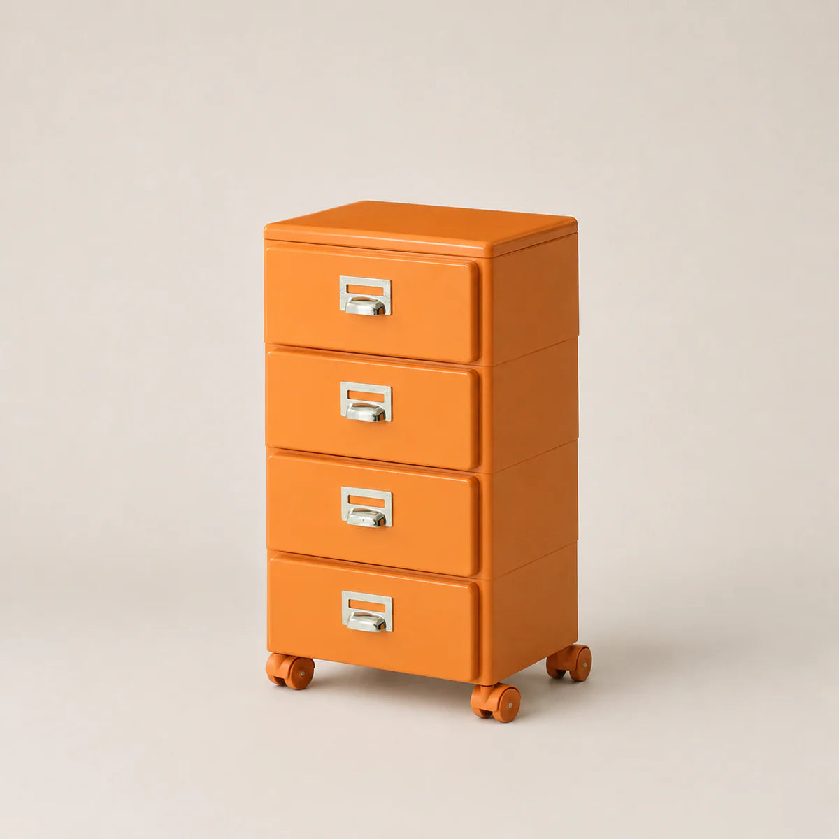 Orange file cabinet with four drawers on wheels against a beige background