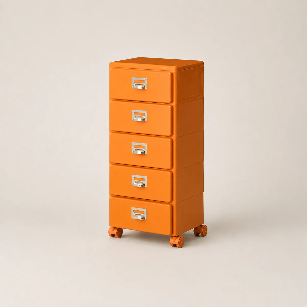 Orange metal file cabinet with four drawers on a beige background