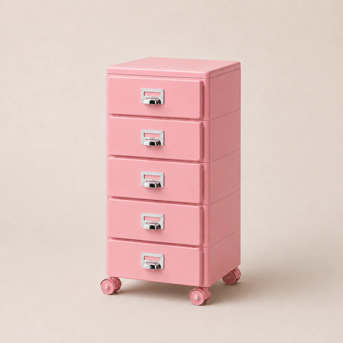 Pink five-drawer rolling cabinet on a beige background