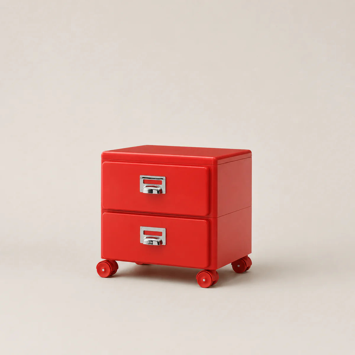 Red two-drawer rolling cabinet on a beige background