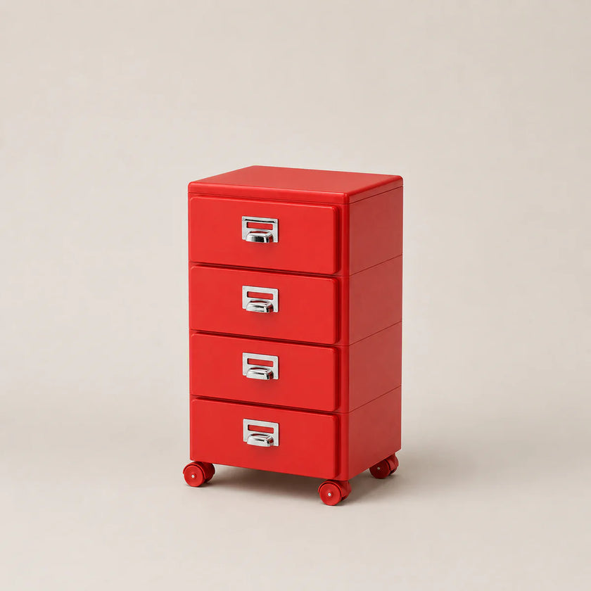 Red three-drawer filing cabinet on wheels with labels on a beige background
