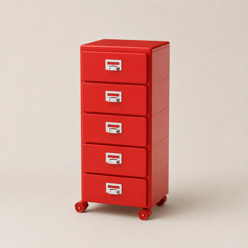 Red metal file cabinet with four drawers on a beige background