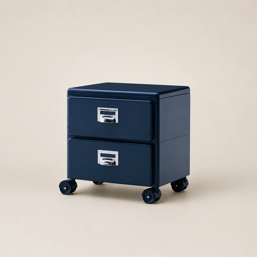 Navy blue two-drawer filing cabinet on wheels with silver handles against a beige background