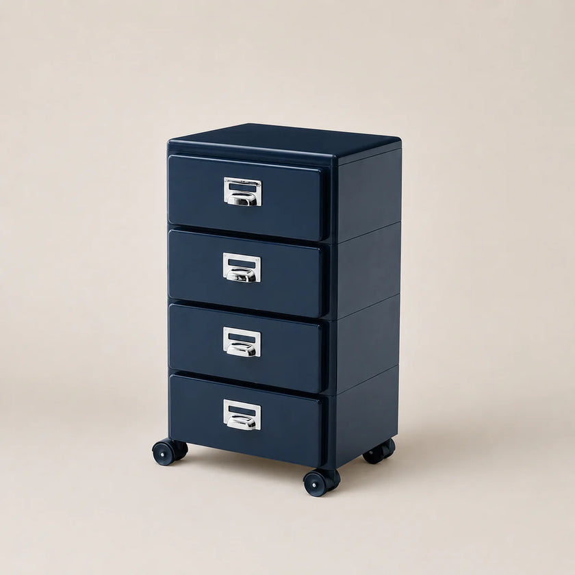 Navy blue file cabinet with four drawers on wheels against a beige background