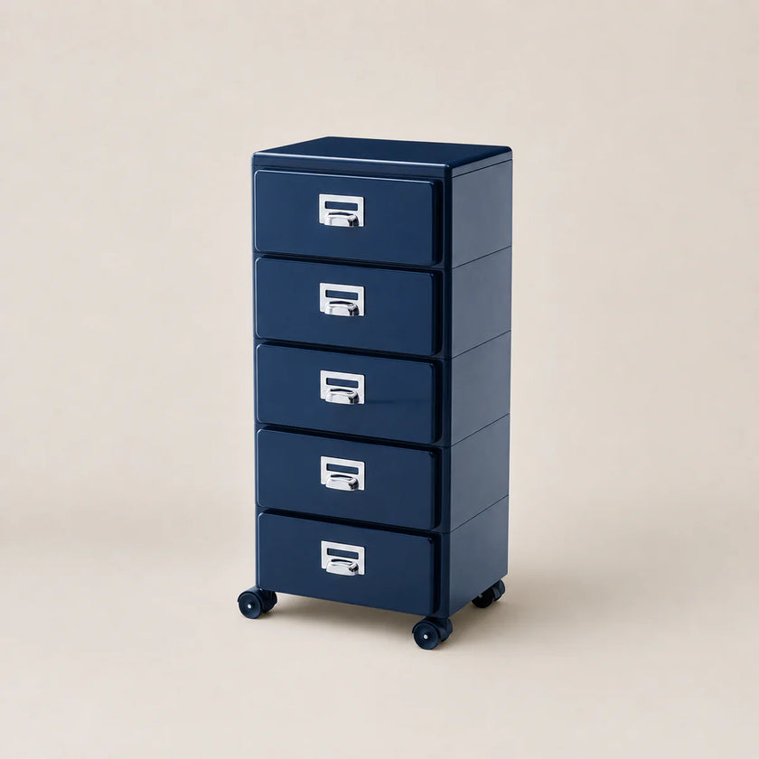 Blue metal storage cabinet with four drawers on wheels against a beige background