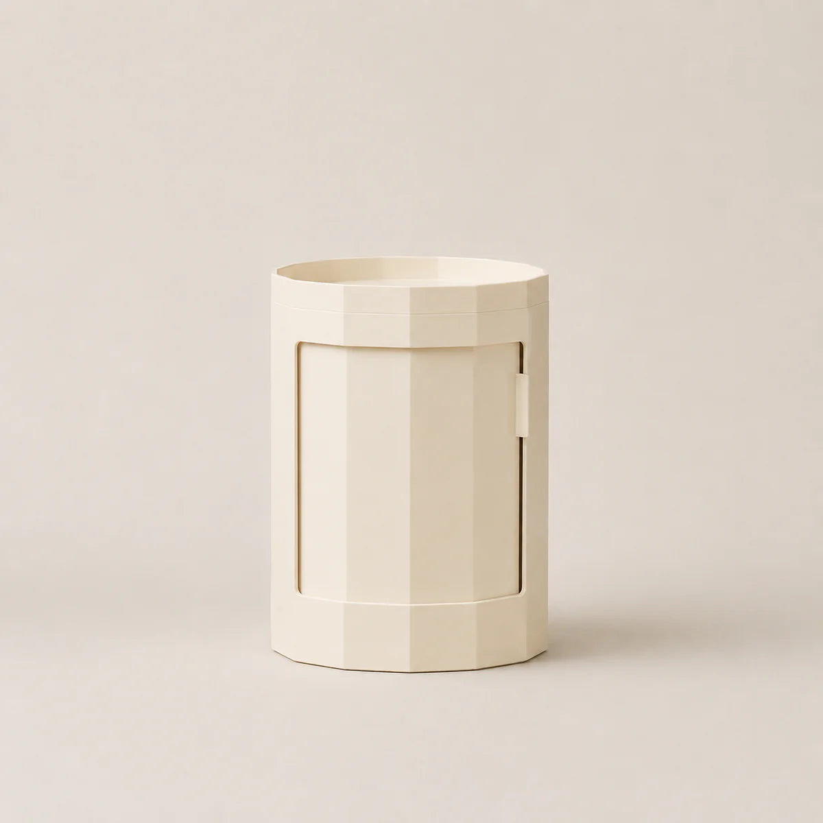 Beige cylindrical container with a rectangular cutout on a beige background