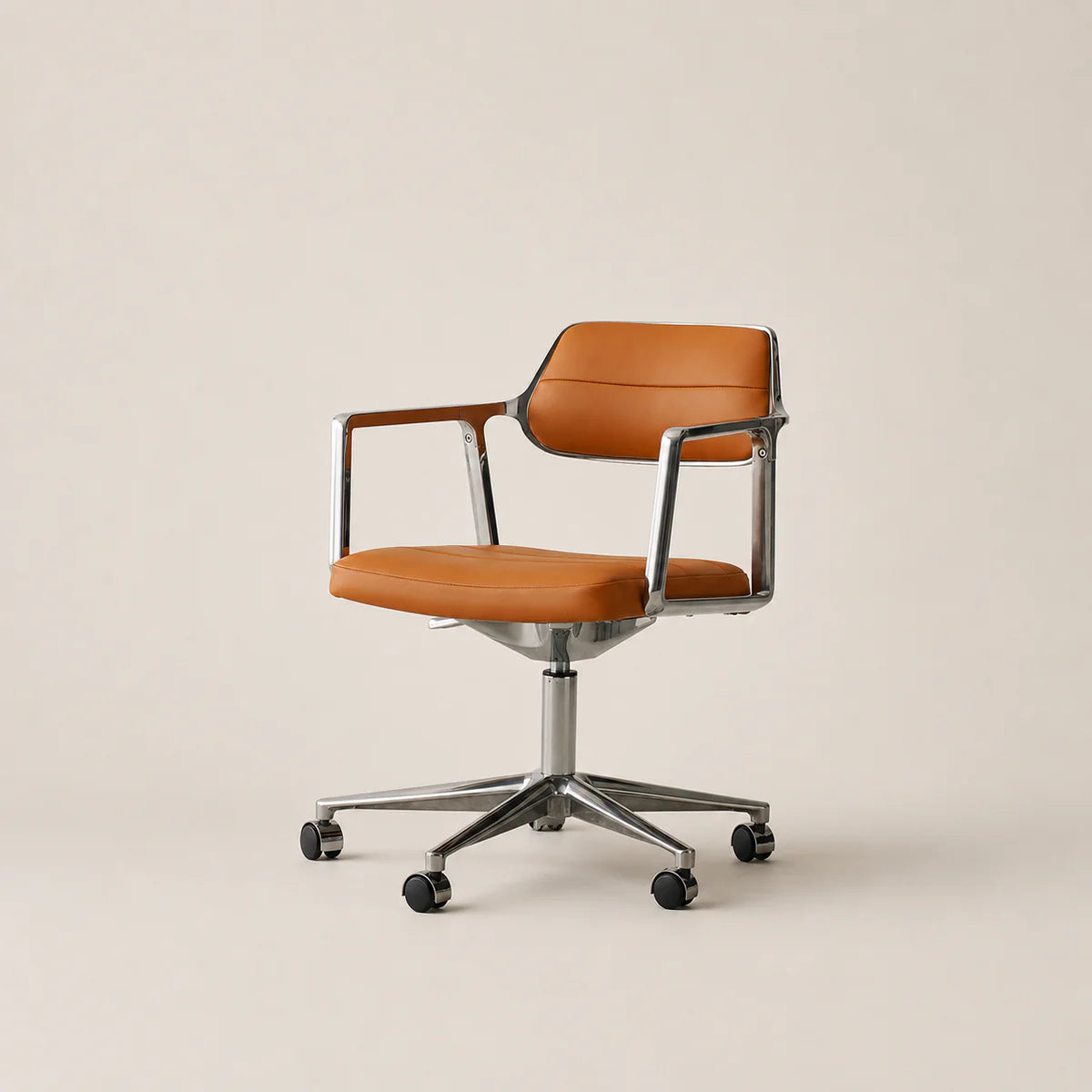Brown office chair with metal frame on a beige background