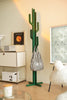 Green cactus-shaped metal shelf coat rack with a striped bag in a room setting.