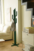 Green metal shelf cactus-shaped coat rack in a living room setting with a couch and entertainment console.