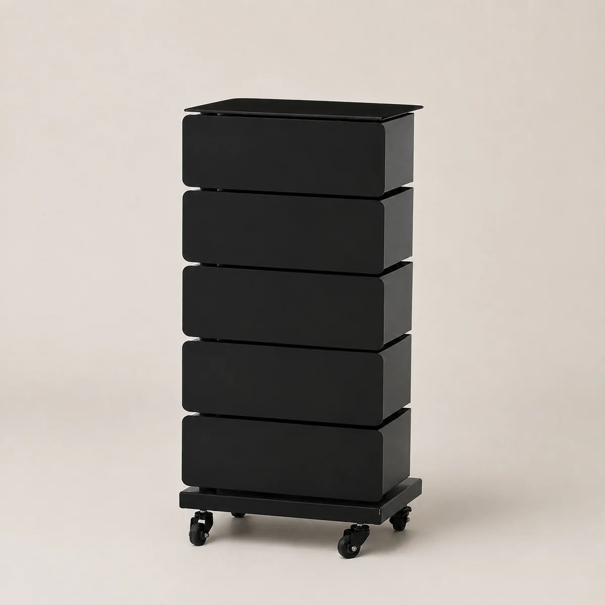 A black 5-drawer rolling storage cabinet with a sleek, modern rectangular design and black caster wheels, shown on a neutral beige background.