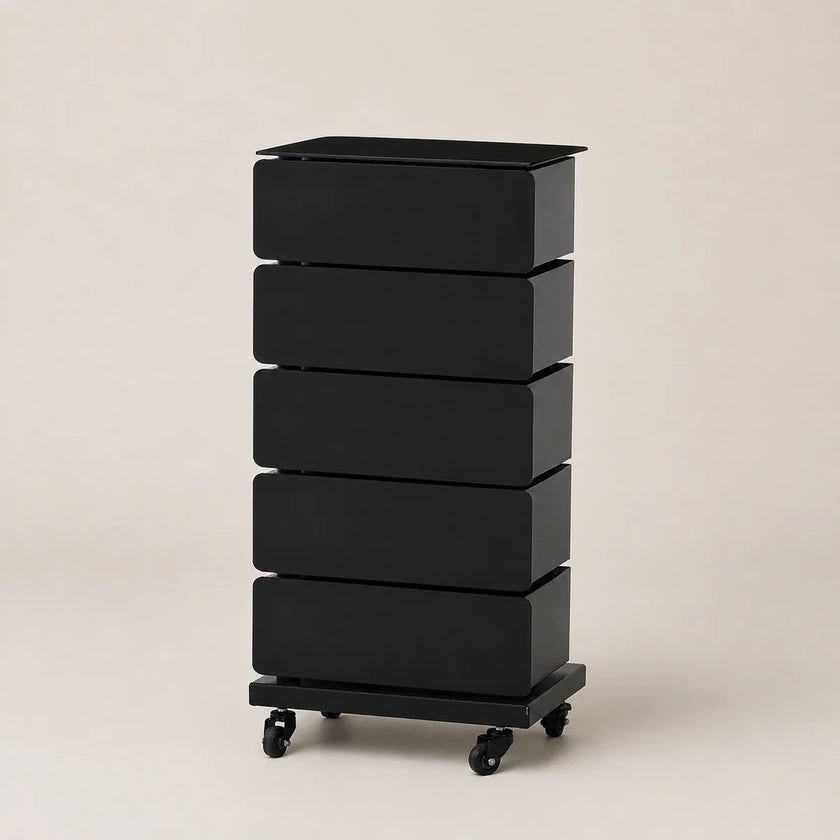 A black 5-drawer rolling storage cabinet with a sleek, modern rectangular design and black caster wheels, shown on a neutral beige background.