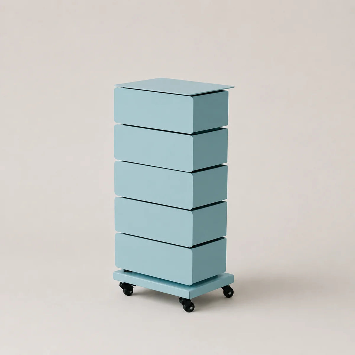 A light blue 5-drawer storage cabinet with a sliding top drawer and black caster wheels, photographed on a neutral beige background.