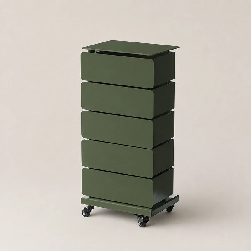 A dark green rolling storage cabinet with five stacked drawers and a top surface, shown on a light beige background.