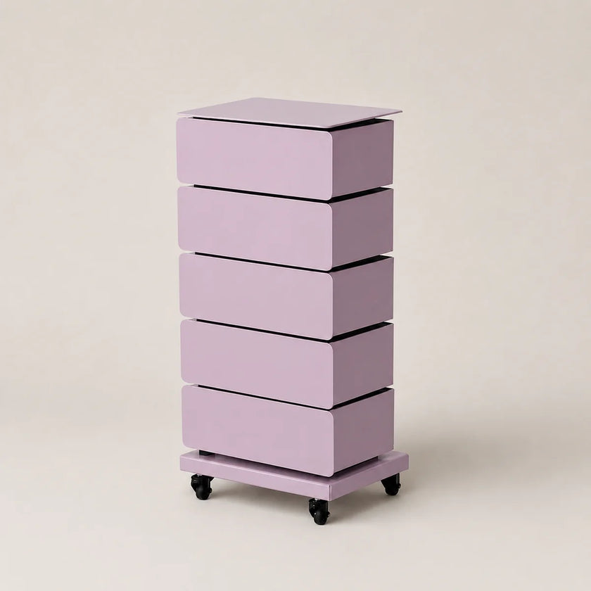 A lavender purple 5-drawer storage cabinet with a sliding top and black caster wheels, shown on a neutral beige background.