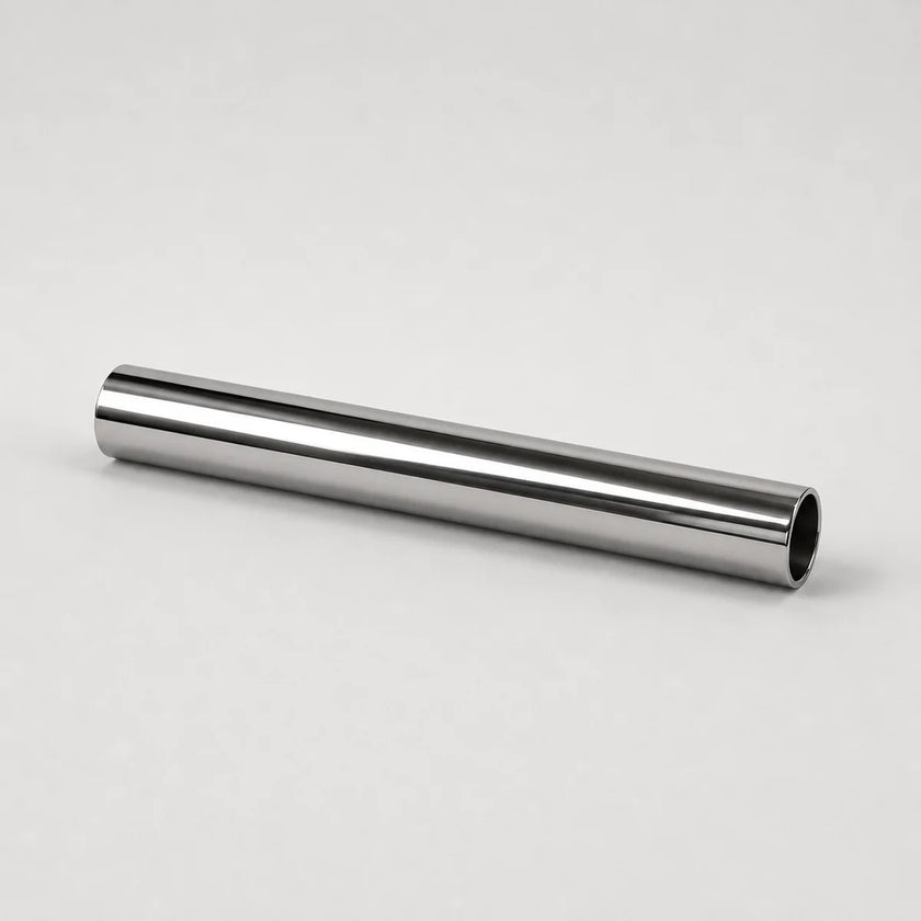 A polished metallic silver cylindrical rod or tube, shown diagonally on a clean, light gray studio background.