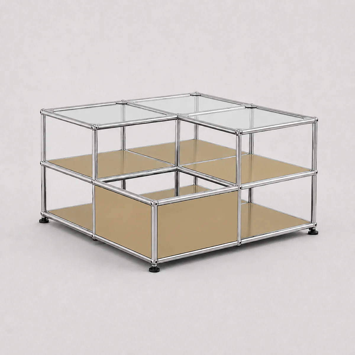 A modular cube storage organizer with a chrome metal frame, clear glass panels on the top, beige cardboard inserts on the middle and bottom shelves, and small black feet at the base, shown on a light gray background.